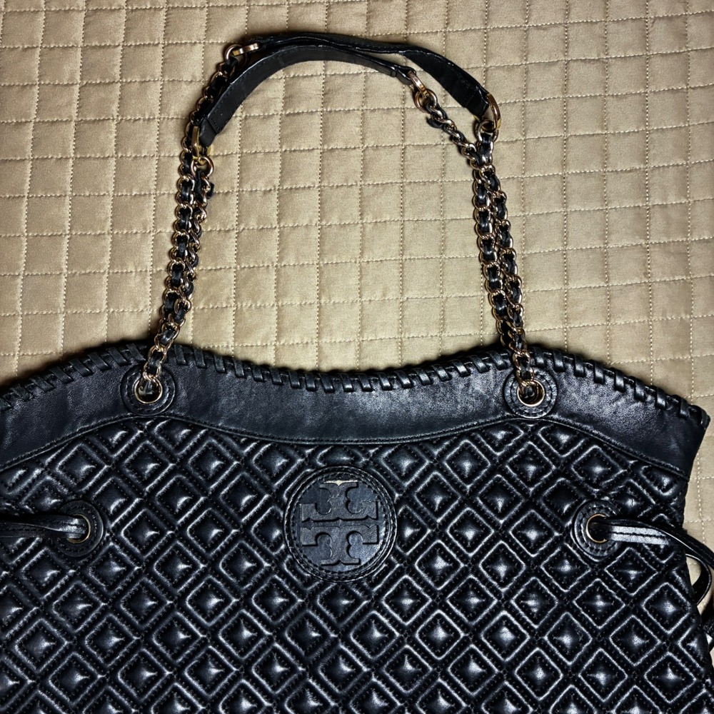 Tory Burch Marion Quilted Black Leather Tote Bag Gold Chain Shoulder Bag Large - Picture 2 of 9